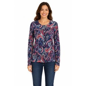 Talbots 100% Merino Wool Lightweight Sweater Women M Blue Pink Button Paisley